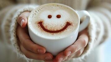 ai gegenereerd vrolijk ochtend- concept handen Holding koffie kop met glimlachen gezicht voor een gelukkig begin naar de dag foto