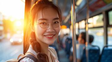 ai gegenereerd gelukkig Aziatisch zakenvrouw woon-werkverkeer door bus naar verminderen lucht vervuiling, gaan naar werk foto