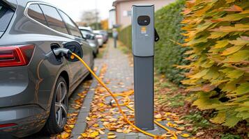 ai gegenereerd elektrisch auto opladen Bij station met aangesloten macht kabel, infrastructuur voor ev voertuig in stad foto