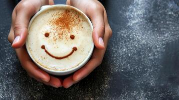 ai gegenereerd omarmen een gelukkig ochtend- met handen Holding een glimlachen koffie beker, concept beeld foto