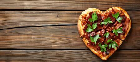 ai gegenereerd hart vormig pizza voor romantisch avondeten top visie met kopiëren ruimte voor tekst plaatsing foto