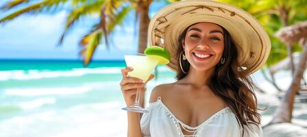 ai gegenereerd exotisch paradijs vrouw genieten van margarita Aan zonnig strand, perfect voor tekst plaatsing foto