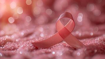 ai gegenereerd borst kanker bewustzijn roze lint symbool Aan wazig sprankelend roze achtergrond met kopiëren ruimte foto