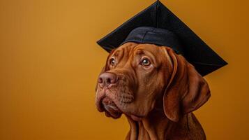 ai gegenereerd hilarisch hond in diploma uitreiking hoed Aan pastel achtergrond met uitgebreid ruimte voor tekst plaatsing foto