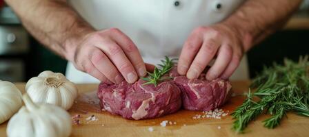 ai gegenereerd chef s handen voorbereidingen treffen rundvlees steak met groente decoratie in hotel of restaurant keuken foto