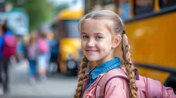 ai gegenereerd gelukkig elementair school- meisje opgewonden naar hop Aan de school- bus voor een nieuw dag van aan het leren foto