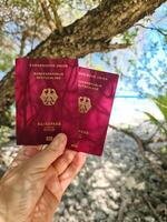 een hand- houdt twee Duitse paspoorten in voorkant van een zacht reizen achtergrond in de Maldiven met palm bomen en strand. foto