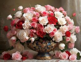 ai gegenereerd arrangement van vers, bloeiend rozen in divers tinten van roze en wit, elegant weergegeven in een overladen gouden vaas foto