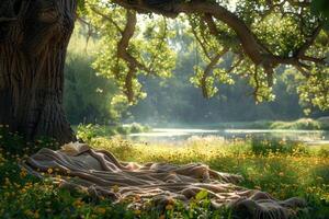 ai gegenereerd een deken en een boek onder een boom in een zonnig voorjaar park professioneel fotografie foto