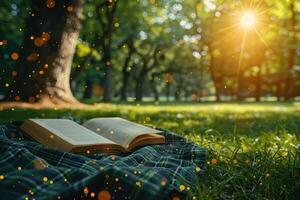 ai gegenereerd een deken en een boek onder een boom in een zonnig voorjaar park professioneel fotografie foto