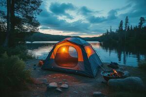 ai gegenereerd camping vrijheid in de natuur en hebben pret met voorjaar wild bloemen visie foto