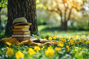 ai gegenereerd een deken en een boek onder een boom in een zonnig voorjaar park professioneel fotografie foto