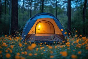 ai gegenereerd camping vrijheid in de natuur en hebben pret met voorjaar wild bloemen visie foto