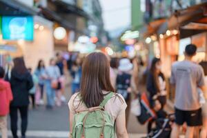 vrouw reiziger bezoekende in Taiwan, toerist met zak bezienswaardigheden bekijken en boodschappen doen in shilin nacht markt, mijlpaal en populair attracties in Taipei stad. Azië reizen en vakantie concept foto