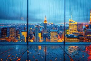 ai gegenereerd panoramisch venster tonen een visie van een nacht tijd stad lit omhoog met lichten en regenachtig professioneel fotografie foto