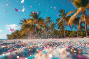 ai gegenereerd hart vormig confetti vallend van een helder blauw lucht professioneel fotografie achtergrond foto