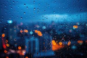 ai gegenereerd panoramisch venster tonen een visie van een nacht tijd stad lit omhoog met lichten en regenachtig professioneel fotografie foto