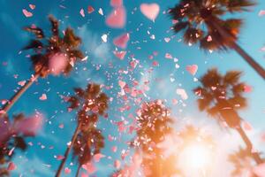 ai gegenereerd hart vormig confetti vallend van een helder blauw lucht professioneel fotografie achtergrond foto