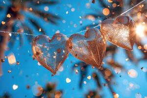 ai gegenereerd hart vormig confetti vallend van een helder blauw lucht professioneel fotografie achtergrond foto