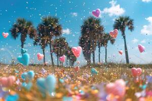 ai gegenereerd hart vormig confetti vallend van een helder blauw lucht professioneel fotografie achtergrond foto