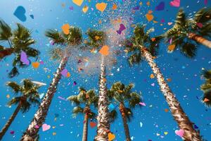 ai gegenereerd hart vormig confetti vallend van een helder blauw lucht professioneel fotografie achtergrond foto