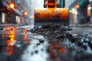 ai gegenereerd een graafmachine graven aarde Aan een bouw professioneel fotografie foto