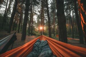 ai gegenereerd krijgen begonnen met camping hangmat professioneel fotografie foto