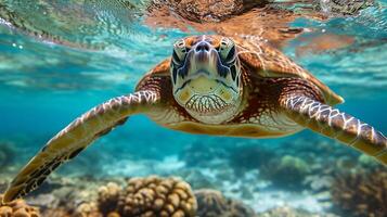 ai gegenereerd rond visie van een zee schildpad zwemmen in de licht blauw oceaan, natuur behoud, beschermen de ecosysteem, schoon en mooi zee. foto