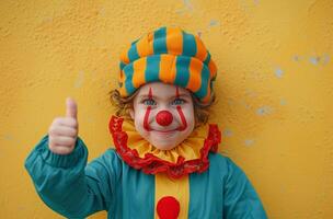 ai gegenereerd de kind clown Aan geel achtergrond geeft vrolijk duimen omhoog, grappig kostuums en vermommingen foto