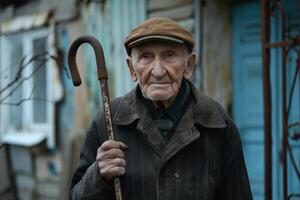 ai gegenereerd een ouderen Mens houdt een riet buitenshuis, Parkinson beeld foto