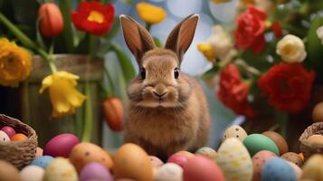 ai gegenereerd schattig bruin konijn omringd door kleurrijk Pasen eieren en voorjaar bloemen foto
