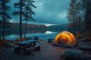 ai gegenereerd kamp uit met tent in park professioneel fotografie foto