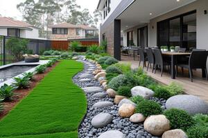 ai gegenereerd buitenshuis gras in achtertuin landschapsarchitectuur stijl inspiratie ideeën foto
