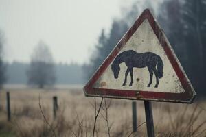 ai gegenereerd veiligheid verkeer teken, aandacht paard foto