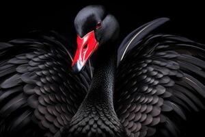 ai gegenereerd zwart zwaan Aan zwart achtergrond. mooi west Australisch zwart zwaan. foto