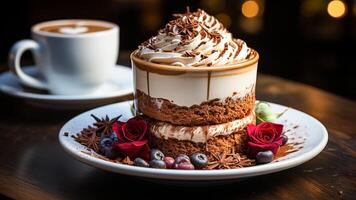 ai gegenereerd tiramisu taart met kop van koffie Aan houten tafel. taart concept. voedsel concept. foto