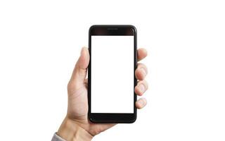 ai gegenereerd links hand- van een wit Mens Holding een zwart mobiel telefoon en een wit scherm Bij een isoleren achtergrond foto