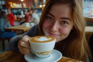 ai gegenereerd vrouw genieten van cappuccino in een cafe foto