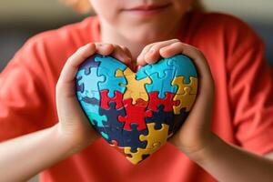 ai gegenereerd kind jongen handen Holding puzzel hart, kind mentaal Gezondheid concept foto