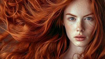 ai gegenereerd glimmend lang mooi haar. intens blik van een vrouw met levendig rood haar- vloeiende vrij. foto