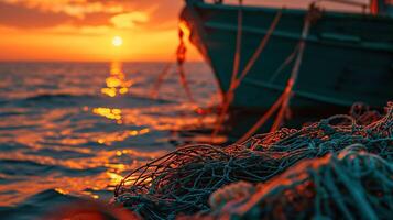 ai gegenereerd visvangst netten in focus met een boot Bij zonsondergang Aan de zee. foto