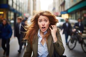 ai gegenereerd een vrouw in een bedrijf pak is staand in de midden- van een bezig stad straat foto