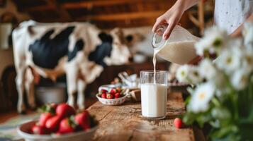 ai gegenereerd een vrouw is gieten melk in een glas foto