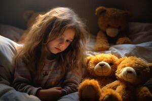 ai gegenereerd een weinig meisje zittend Aan een bed met twee teddy bears foto