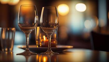 ai gegenereerd elegant wijn bril Aan een tafel reeks voor twee in een knus restaurant sfeer met zacht kaarslicht. foto