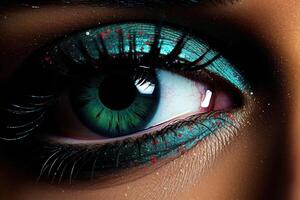 ai gegenereerd een vrouw oog met groen en blauw bedenken foto