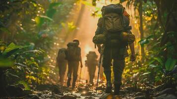 ai gegenereerd zonsopkomst trektocht in weelderig oerwoud omgeving. terug visie van backpackers wandelen Aan een modderig spoor in de oerwoud met de ochtend- zon filteren door dicht gebladerte. foto