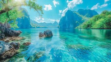 ai gegenereerd kristal Doorzichtig wateren in sereen berg meer. verbijsterend visie van kristal Doorzichtig turkoois wateren van een berg meer, ingelijst door kalksteen kliffen, weelderig groen, onder blauw lucht met zon stralen. foto