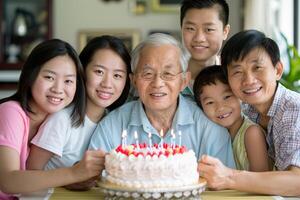 ai gegenereerd opa vieren verjaardag met kleindochters met ai gegenereerd. foto