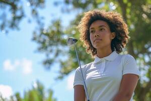 ai gegenereerd zelfverzekerd vrouw golfspeler op zoek Bij fairway met ai gegenereerd. foto